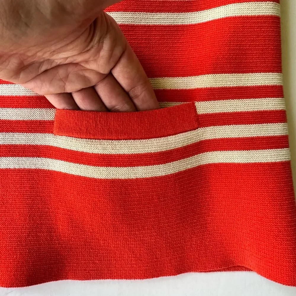 J. Crew Boatneck Popover Sweater in Orange Knit w/ Cream Stripes Pockets Size S